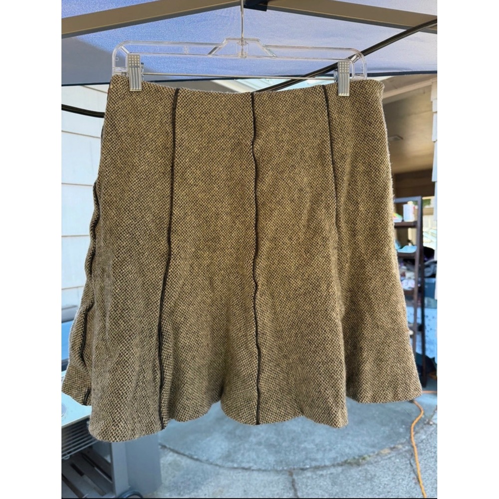 Lauren Ralph Lauren size 6 herringbone wool skirt brown tan leather trim.